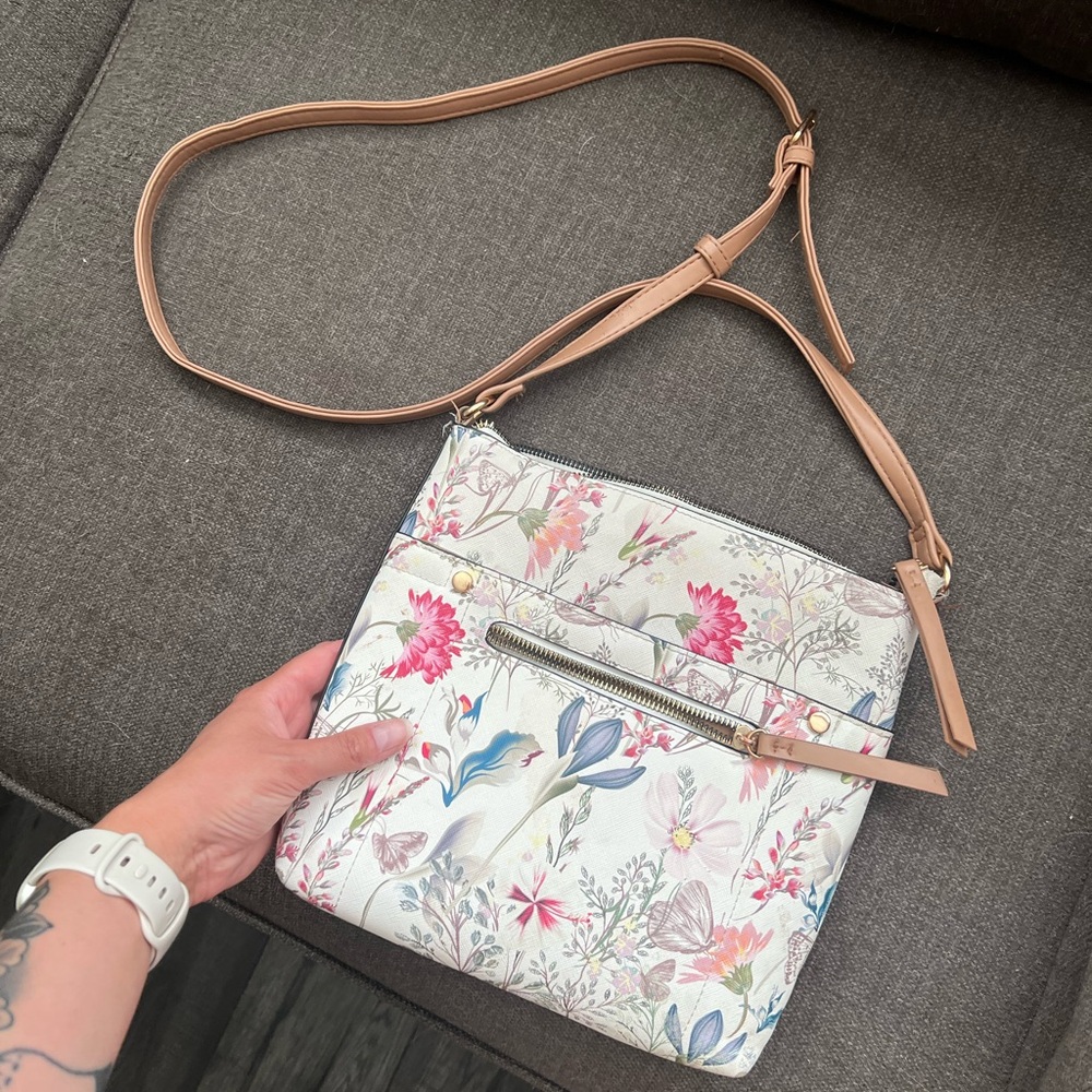 Floral Print Crossbody Bag with Tan Strap